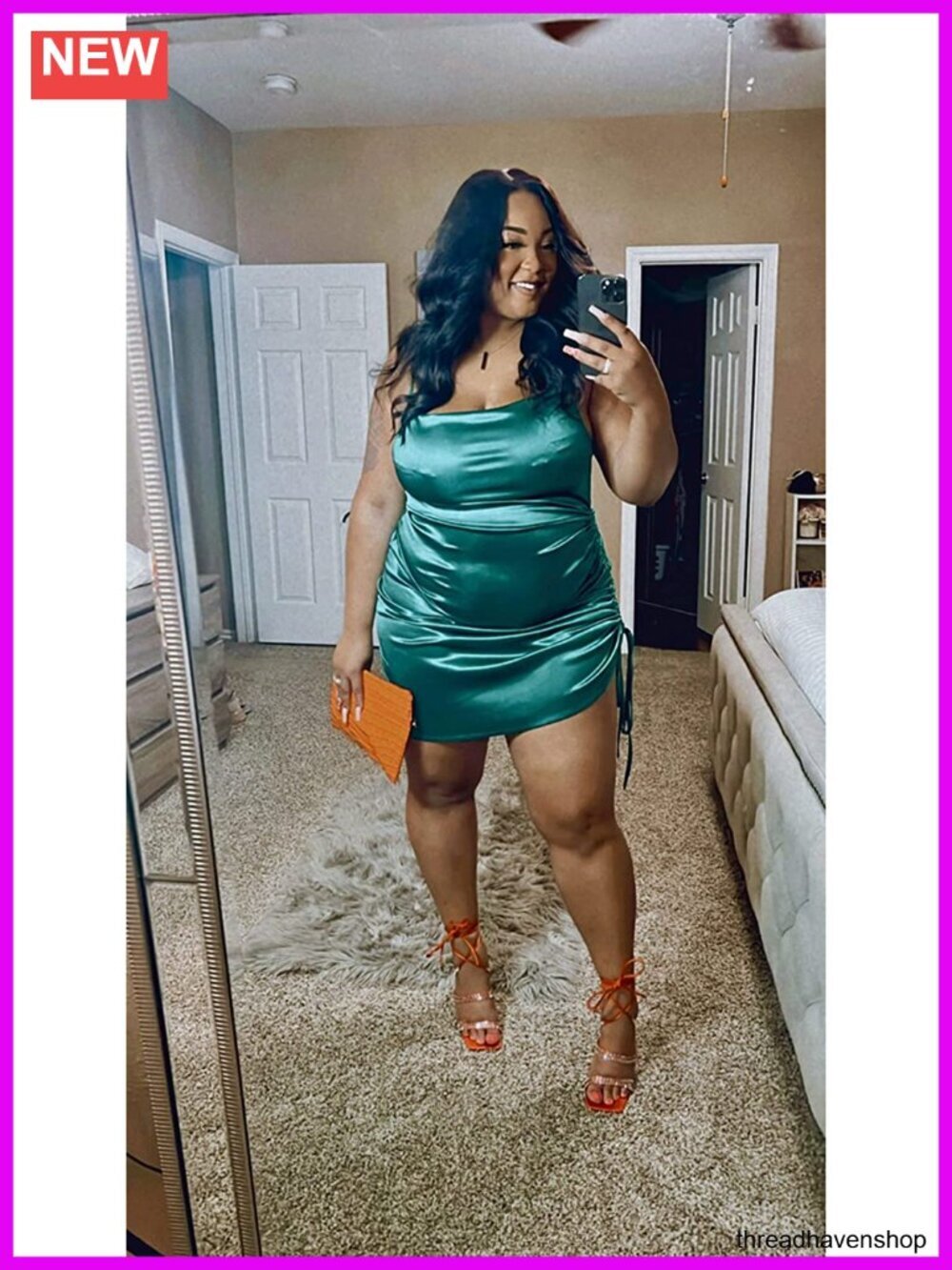 Satin Spaghetti Strap Bodycon Dress Backless Drawstring Ruched Split - Picture 6 of 6